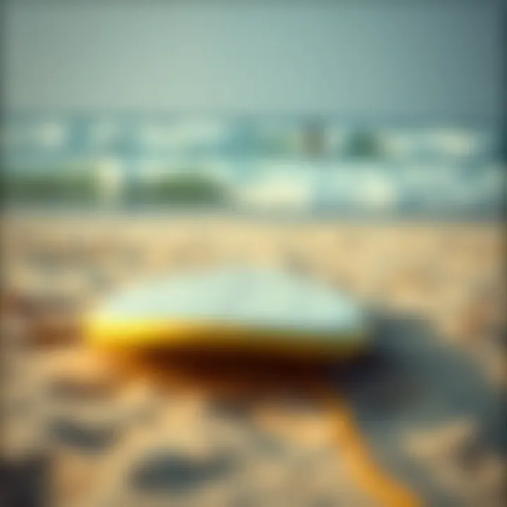 Culture and Identity in Surfing A surfboard resting on a sandy beach, representing the culture surrounding the sport.
