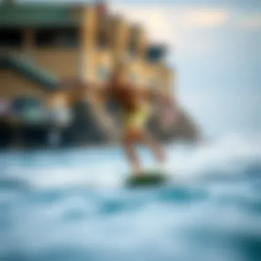 A seasoned rider demonstrating advanced skimboarding techniques on a used Exile skimboard