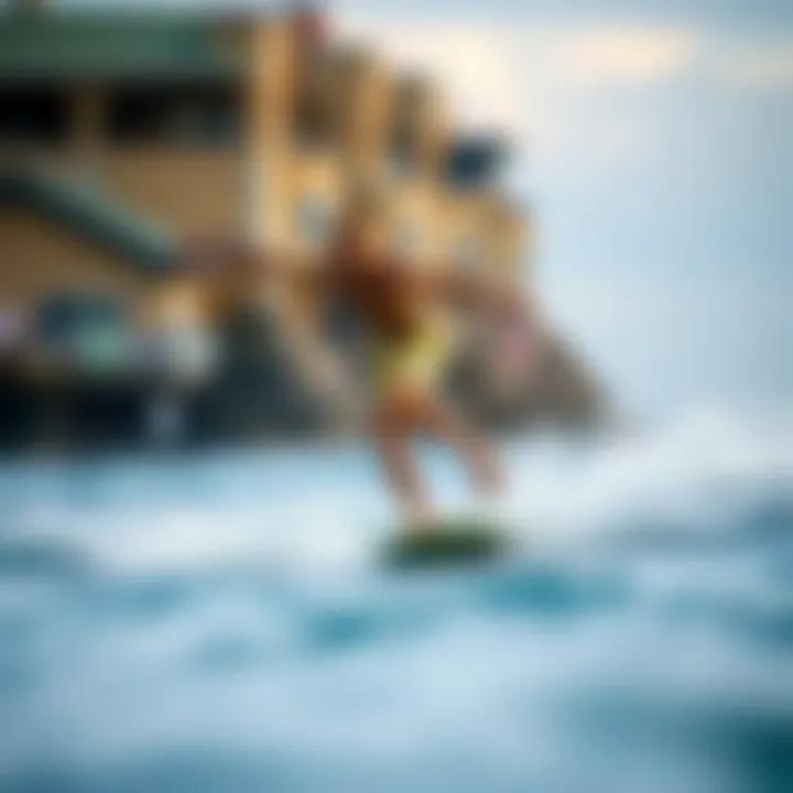 A seasoned rider demonstrating advanced skimboarding techniques on a used Exile skimboard