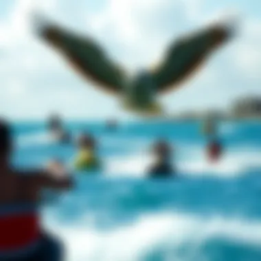 A serene beach with watersport enthusiasts enjoying various activities