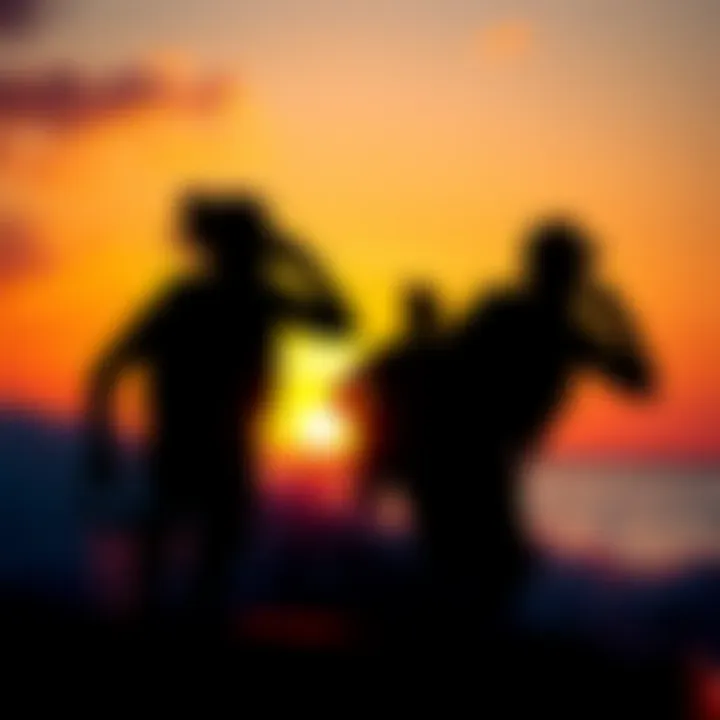 Vibrant Sunset Silhouettes Silhouetted watersport enthusiasts against a vibrant sunset