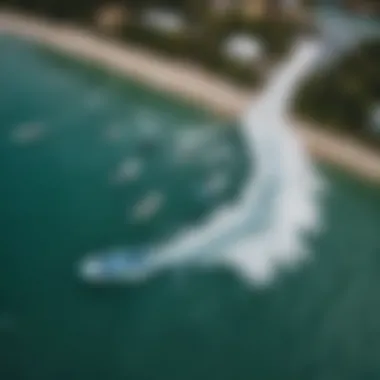 An aerial view of a wake surfing community gathering on the water