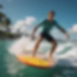 A surfer gracefully riding the waves behind a boat in Miami's vibrant waters