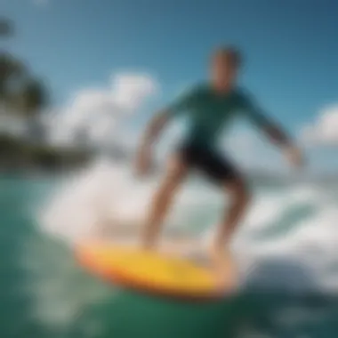 A surfer gracefully riding the waves behind a boat in Miami's vibrant waters