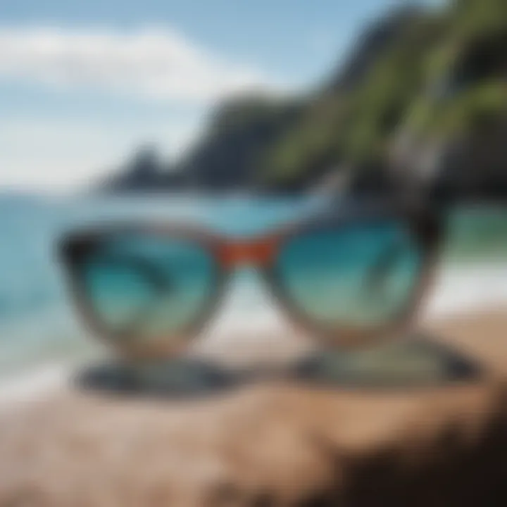 Eco-friendly sunglasses with a backdrop of clear waters