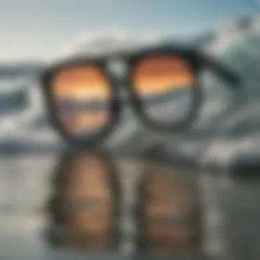 Close-up of polarized lenses reflecting ocean waves