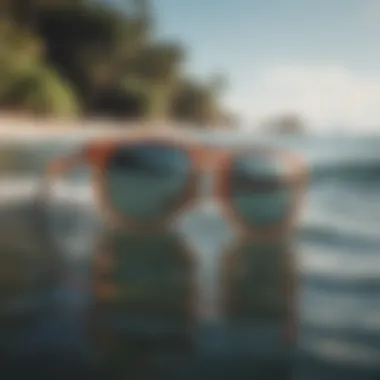 Sunglasses designed for water sports on a surfboard