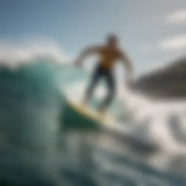 A scenic view of a rider enjoying a gas-powered surfboard on the waves.