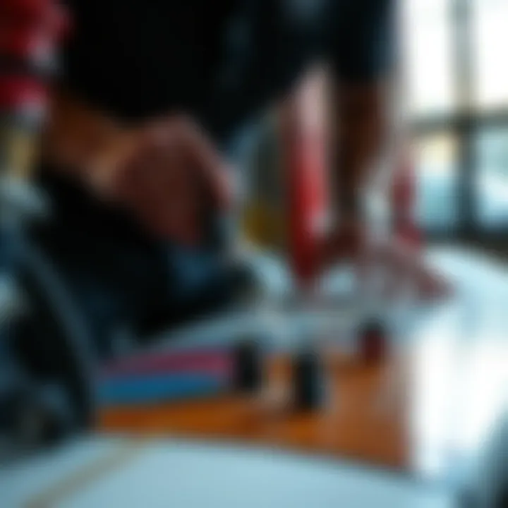 Applying fiberglass resin to a surfboard