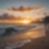 A vibrant sunset over Fort Lauderdale beach with surfers silhouetted against the sky.