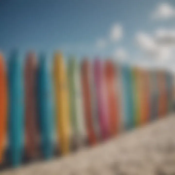 An eclectic group of surfboards lined up on the beach, showcasing diverse designs and colors.