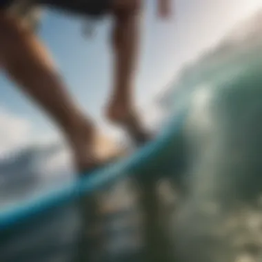 A close-up of a surfer's feet on a surfboard, emphasizing the connection between the sport and the ocean.