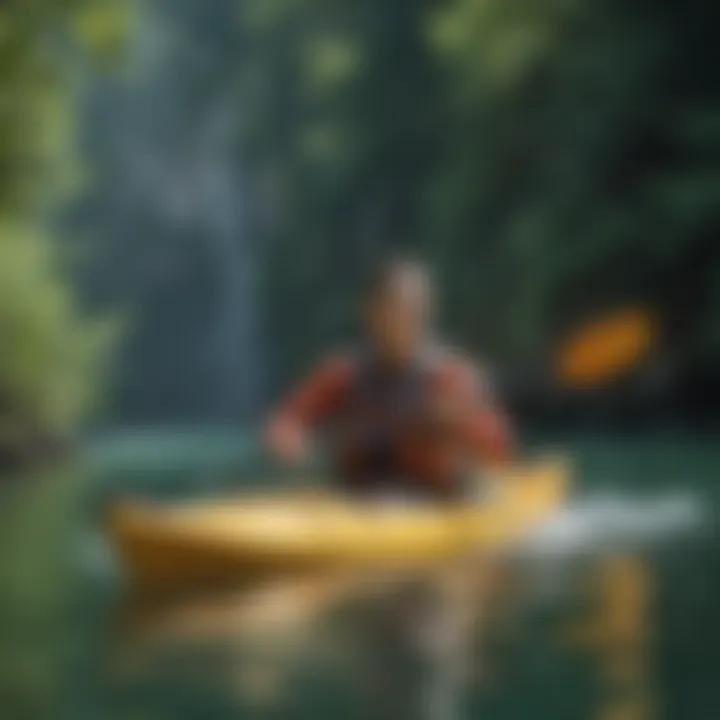 A kayaker practicing mindful breathing techniques in calm waters.