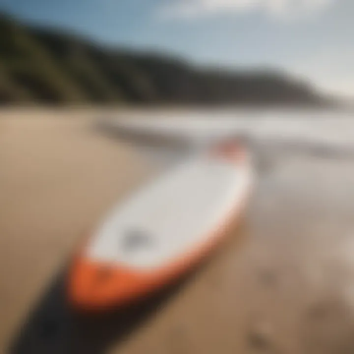 Surfboard resting on the beach with a focus on breath control.