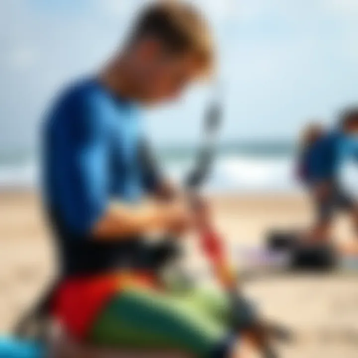 A kite surfer adjusting their harness on the beach