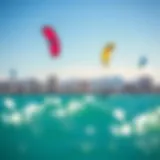 A vibrant kite surfing scene on the waters of Honolulu, showcasing colorful kites against a blue sky.