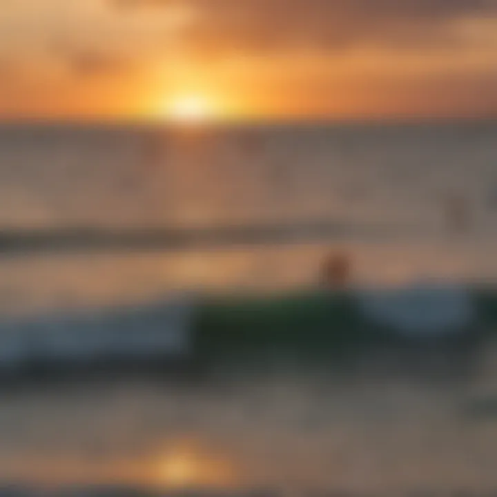 A breathtaking sunset view over the ocean with kite surfers in the distance