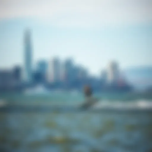 Kiteboarding in San Francisco: Skyline View Kiteboarder gliding over water with San Francisco skyline in the background