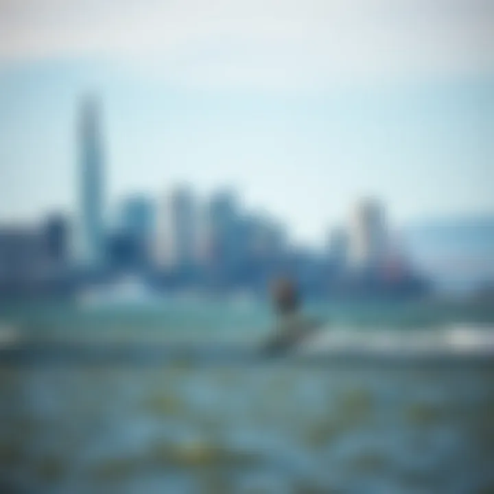 Kiteboarding in San Francisco: Skyline View Kiteboarder gliding over water with San Francisco skyline in the background