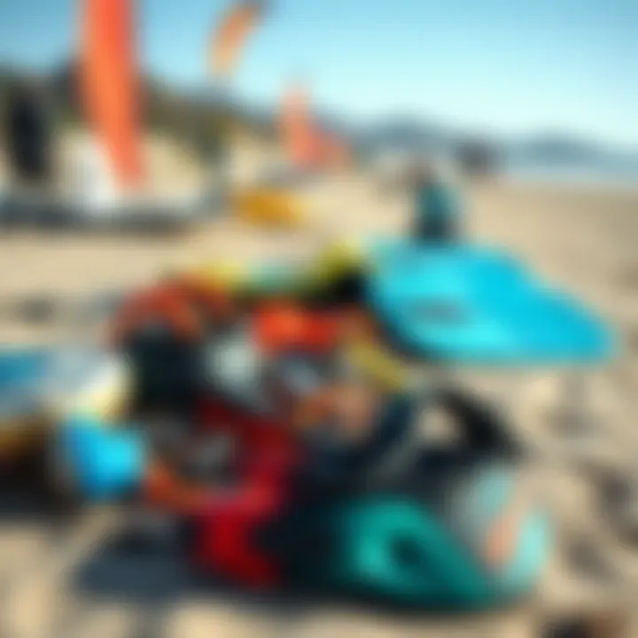 Essential Kiteboarding Gear on the Beach Diverse kiteboarding gear laid out on the beach ready for use