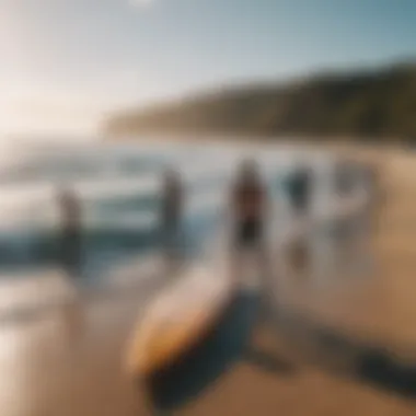 Group of surfers discussing their experiences with the Transition Finder surfboard.