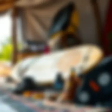 Packing Essentials for Surf Trips Packing essentials for a surf trip, featuring a longboard and gear.