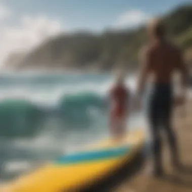 A group of surfers discussing safety and environmental practices