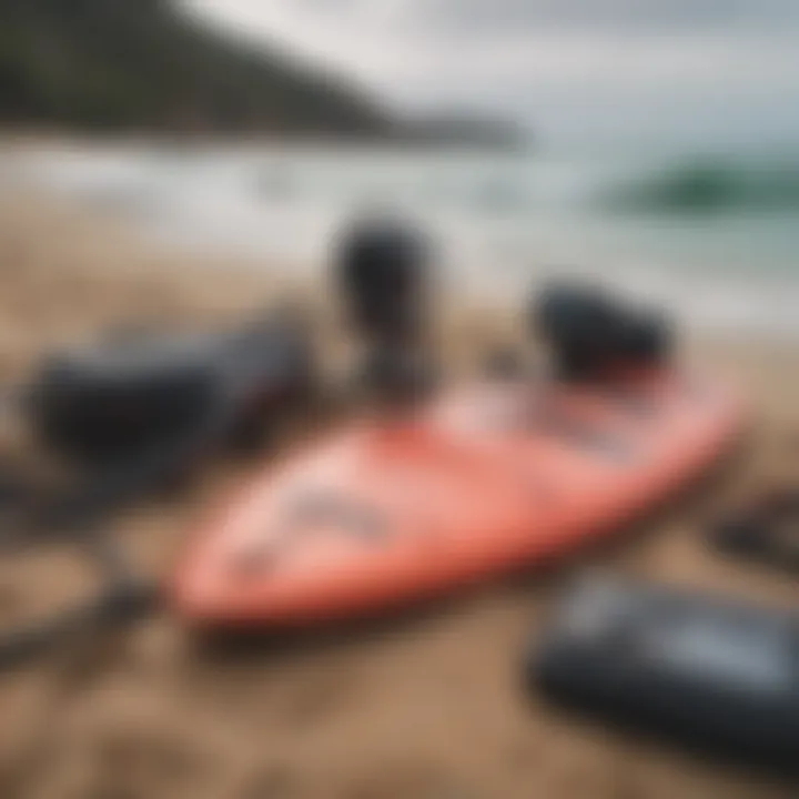 Essential wakesurfing gear laid out on a sandy beach