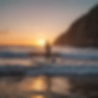 A scenic view of a motorized SUP board in action during sunset