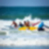 Diverse surfers enjoying waves together