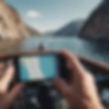 A smartphone displaying a GPS application on a boat