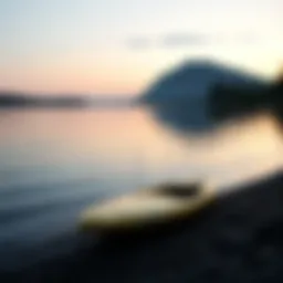 A serene lake scene with a lone puddle jumper resting by the shore, highlighting the tranquility of watersports.