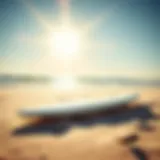 Sleek Design of a 6ft Surfboard A sleek 6ft surfboard resting on the beach sand under a bright sun