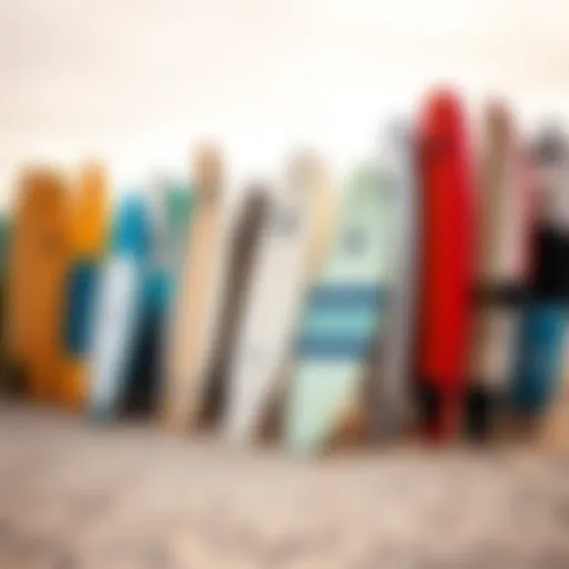 A diverse range of surfboards displayed on a sandy beach, showcasing different styles and designs.