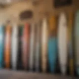 A vibrant display of diverse used surfboards in a shop setting