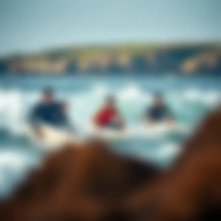 Engaging in Surfing Fundamentals Group of beginners enjoying a surf lesson