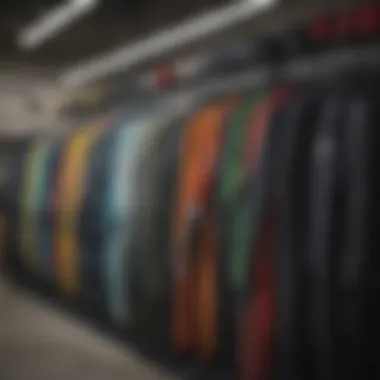 An assortment of budget wetsuits displayed on a rack in a store