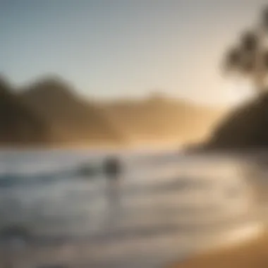 A serene beach scene with surfers in the distance