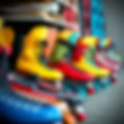 A collection of colorful cruiser skates displayed creatively
