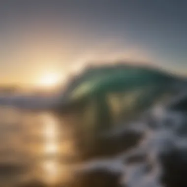 Dynamic ocean waves crashing at sunset