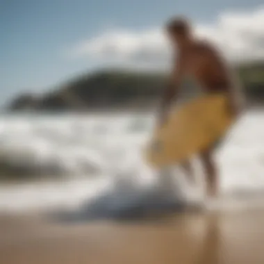 An old Zap skimboard on a beach with waves crashing