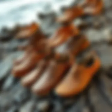 Variety of Olukai shoes displayed on a rocky surface