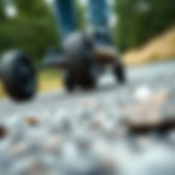 Longboard wheels in motion on a bumpy road, illustrating stability and functionality