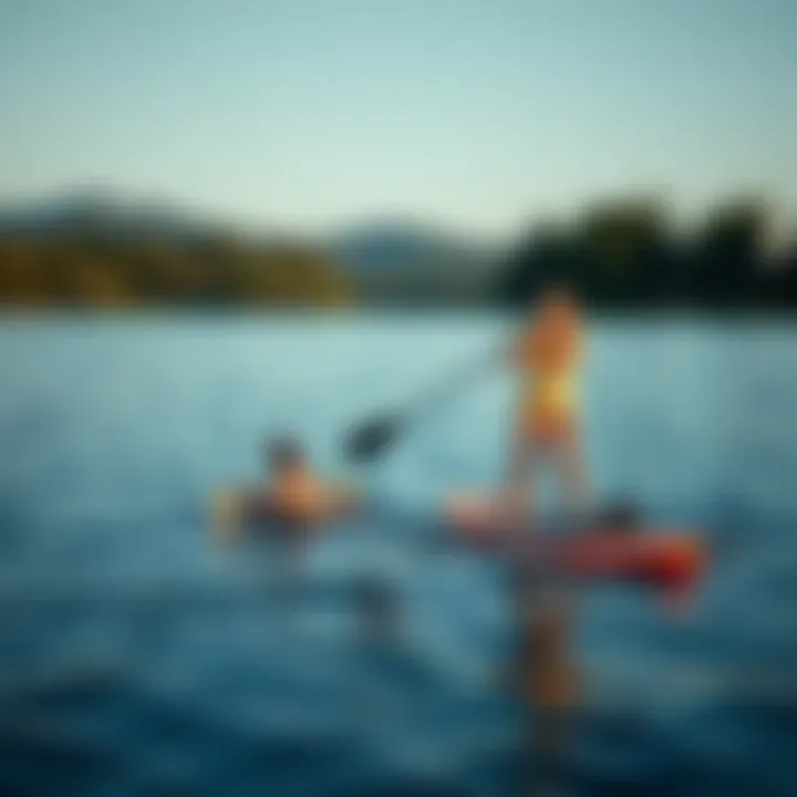 Enjoying Paddle Boarding on a Lake A scenic view of a heavier rider enjoying paddle boarding on a lake