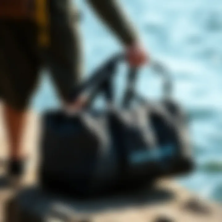 A watersports enthusiast using the Patagonia Black Duffel Bag near the water