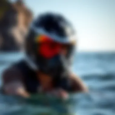 Stylish Wearer of Predator Skate Helmet A stylish Predator skate helmet worn by a rider in an aquatic environment