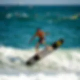 A professional skimboarder performing an advanced trick on the beach