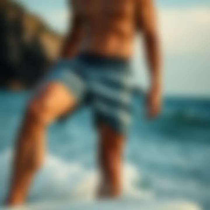 Model demonstrating the fit and flexibility of Quiksilver scallop boardshorts in action