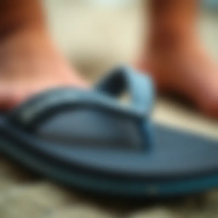 Materials of Sanuk Sandy Flip Flops Close-up view showcasing the materials of Sanuk Sandy flip flops