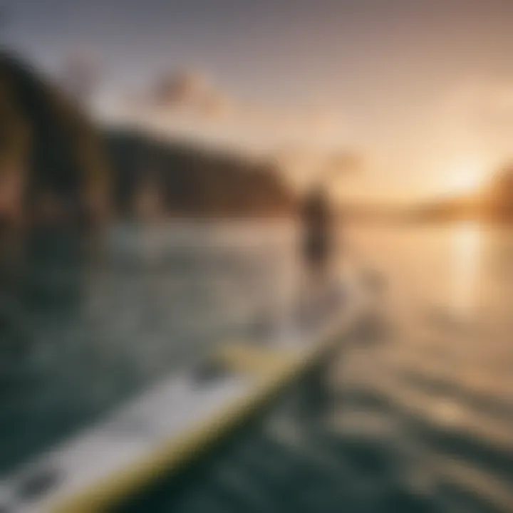 A person relaxing on a paddleboard during sunset